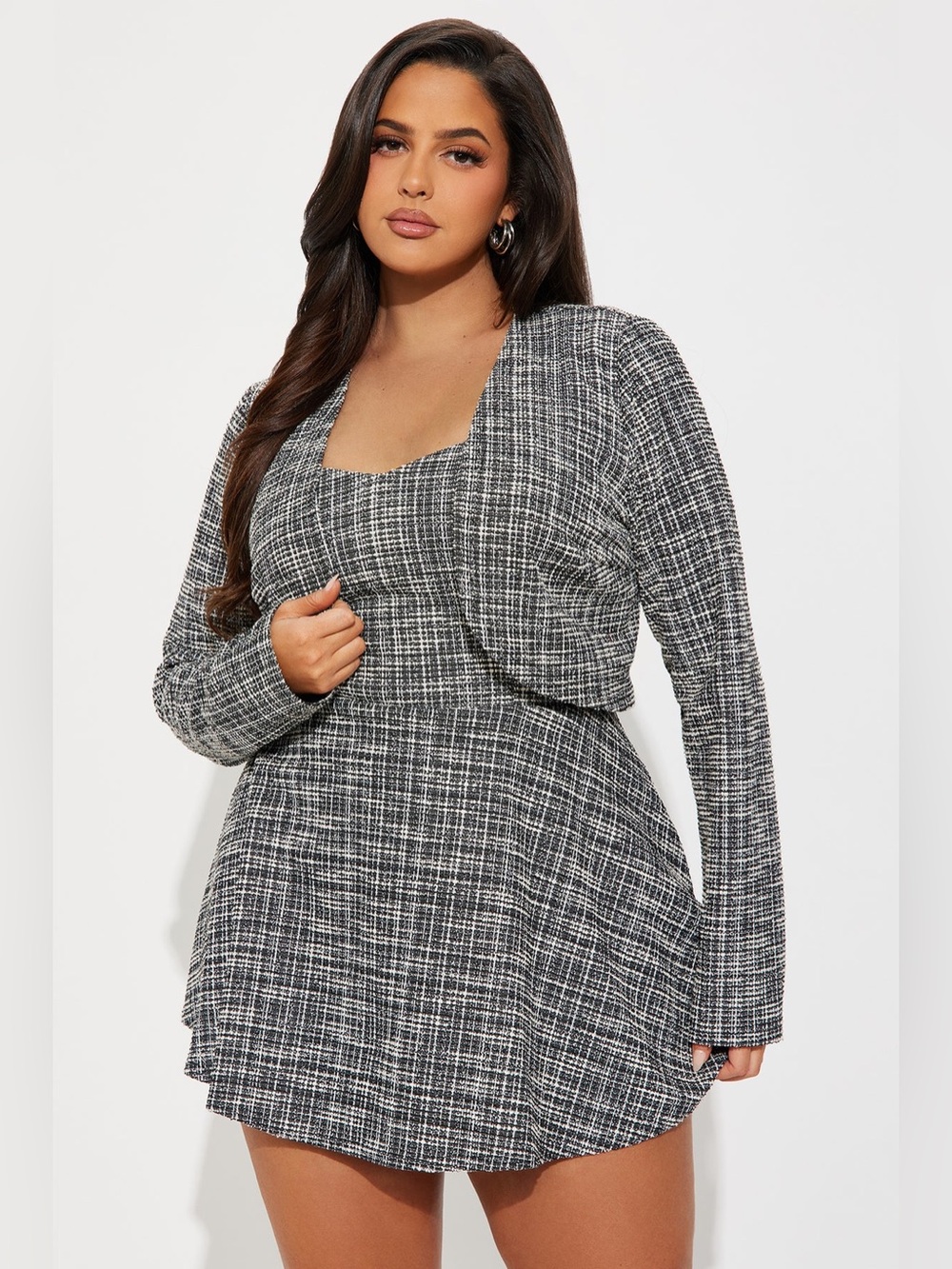 Fashion Nova Black & White Cropped Tweed Blazer Sz L